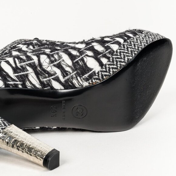 Chanel G27462 Wool Tweed Lace Up Silver Heel Booties - Picture 5 of 13